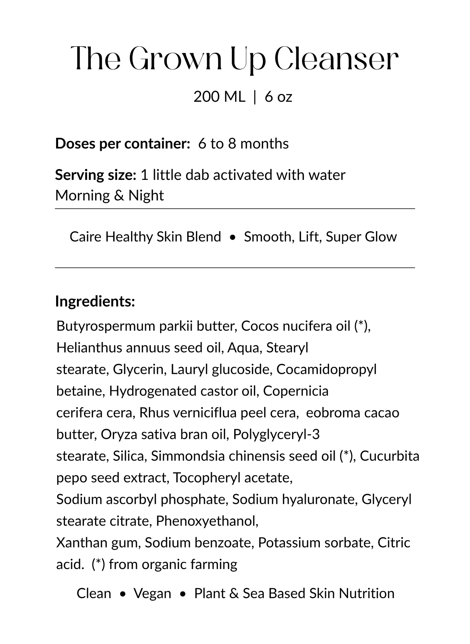 Ingredients: Butyrospermum Parkii Butter,Cocos Nucifera Oil (*), Helianthus Annuus Seed Oil, Aqua, Stearyl Stearate, Glycerin, Lauryl Glucoside, Cocamidopropyl Betaine, Hydrogenated Castor Oil, Copernicia Cerifera Cera, Rhus Verniciflua Peel Cera, Theobroma Cacao Butter, Oryza Sativa Bran Oil, Polyglyceryl-3 Stearate, Silica, Simmondsia Chinensis Seed Oil (*), Cucurbita Pepo Seed Extract, Tocopheryl Acetate, Sodium Ascorbyl Phosphate, Sodium Hyaluronate, Glyceryl Stearate Citrate, Phenoxyethanol, Xanthan 