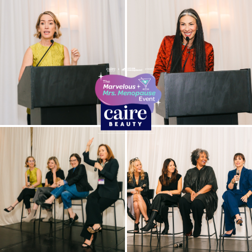 Collage of women speaking at a panel event with 'The Marvelous Mrs. Menopause Event' and 'caire BEAUTY' logos.