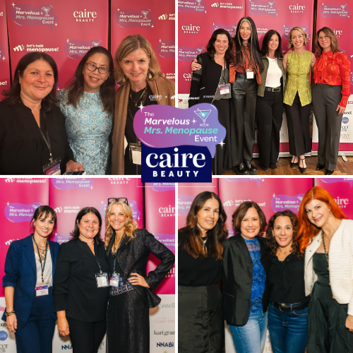 Collage of women posing in front of a Caire Beauty branded backdrop
