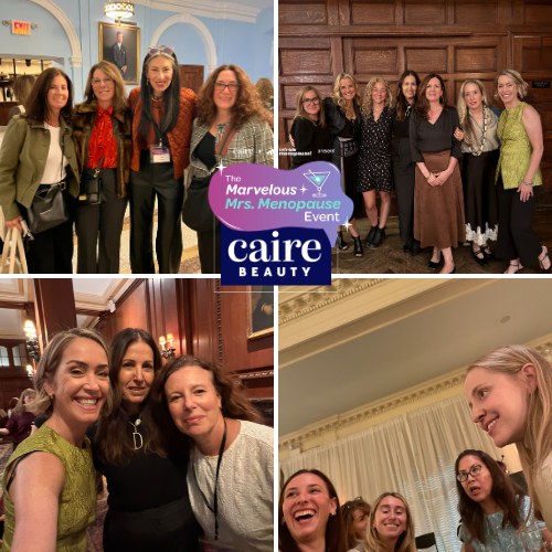 Collage of women posing together at various events with visible branding for 'The Marvelous Mrs. Menopause Event' and 'caire BEAUTY'.