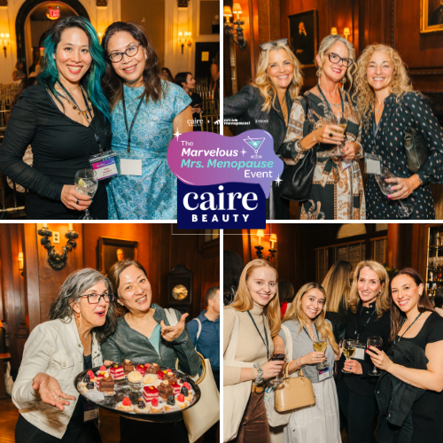 Collage of women at a social event with 'The Marvelous Mrs. Menopause Event' and 'caire BEAUTY' branding.