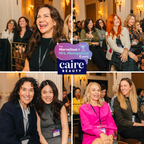 Collage of women at an event with 'The Marvelous Mrs. Menopause Event' and 'caire BEAUTY' logos.