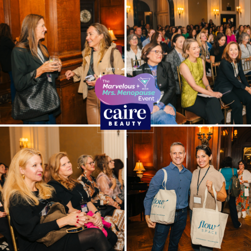 Collage of people at an event with 'The Marvelous Mrs. Menopause' and 'caire BEAUTY' logos.