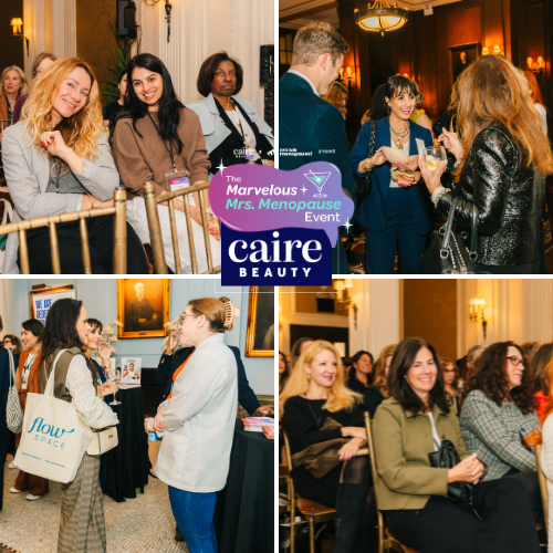 Collage of people at an event with visible branding for 'The Marvelous Mrs. Menopause Event' and 'Caire Beauty'.