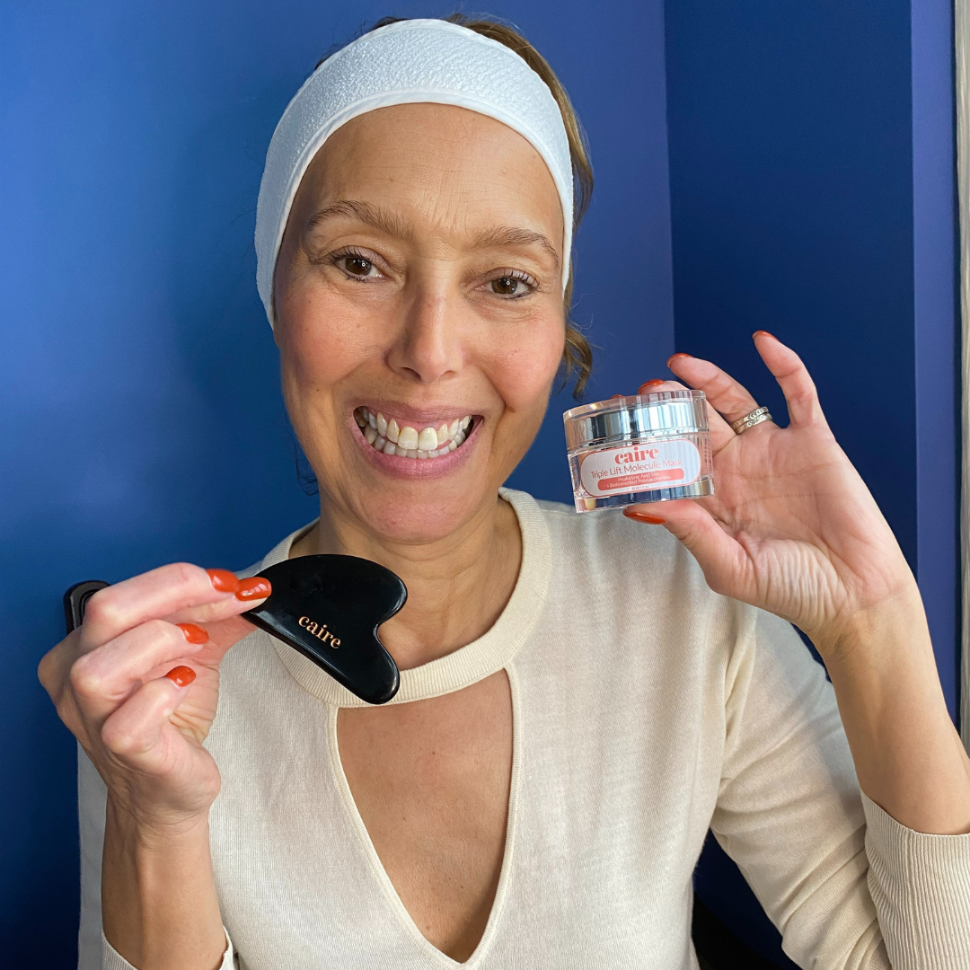 Allyson loves using the black obsidian stone guasha to 1. scoop out and apply the mask and 2. for her daily smoothing ritual for lymphatic drainage and smoothing