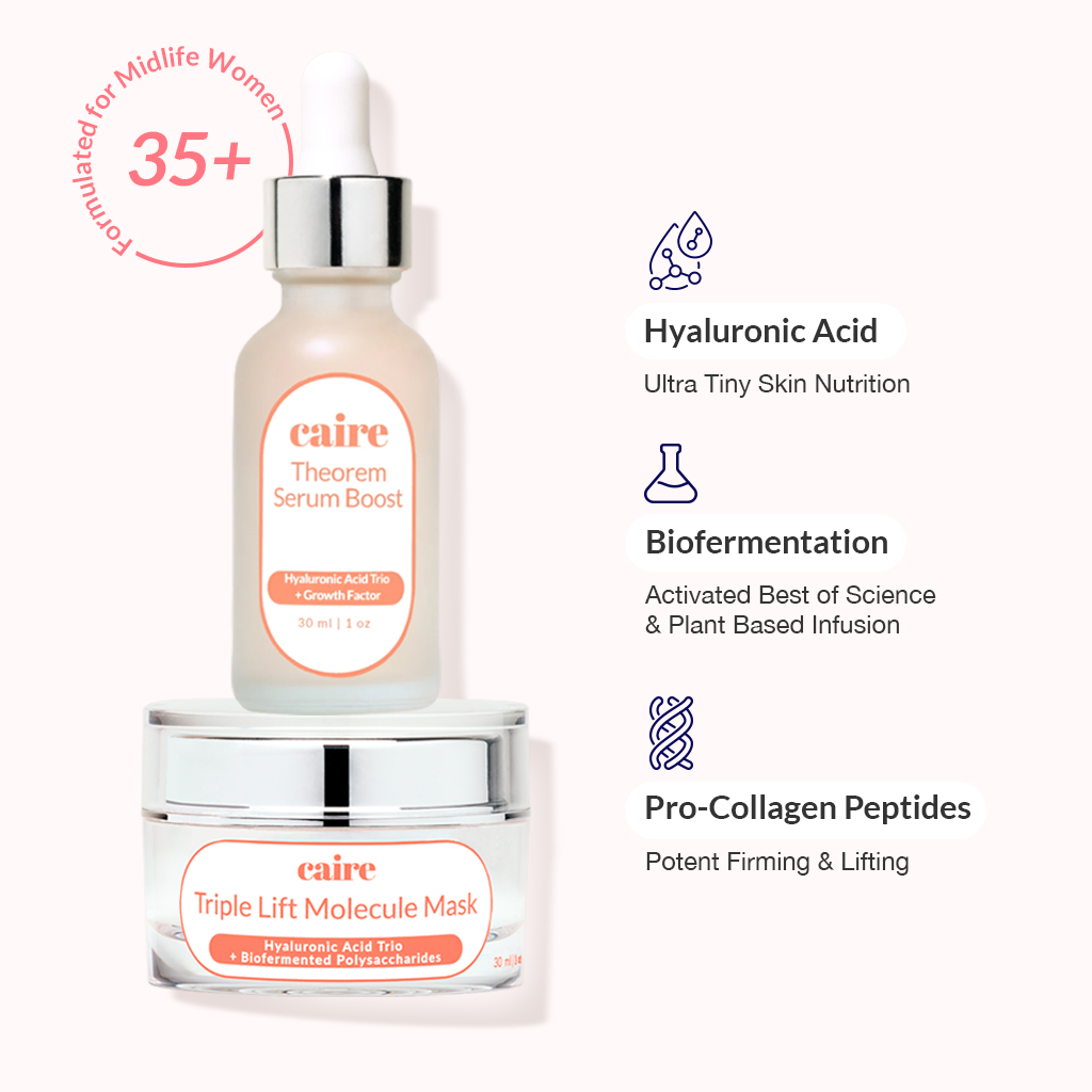 Caire's proprietary formula combines one of the broadest Hyaluronic Acid spectrums including the tiniest in the world, a pro-collagen peptide and then is biofermented to help this unique formula penetrate deeply into mature skin