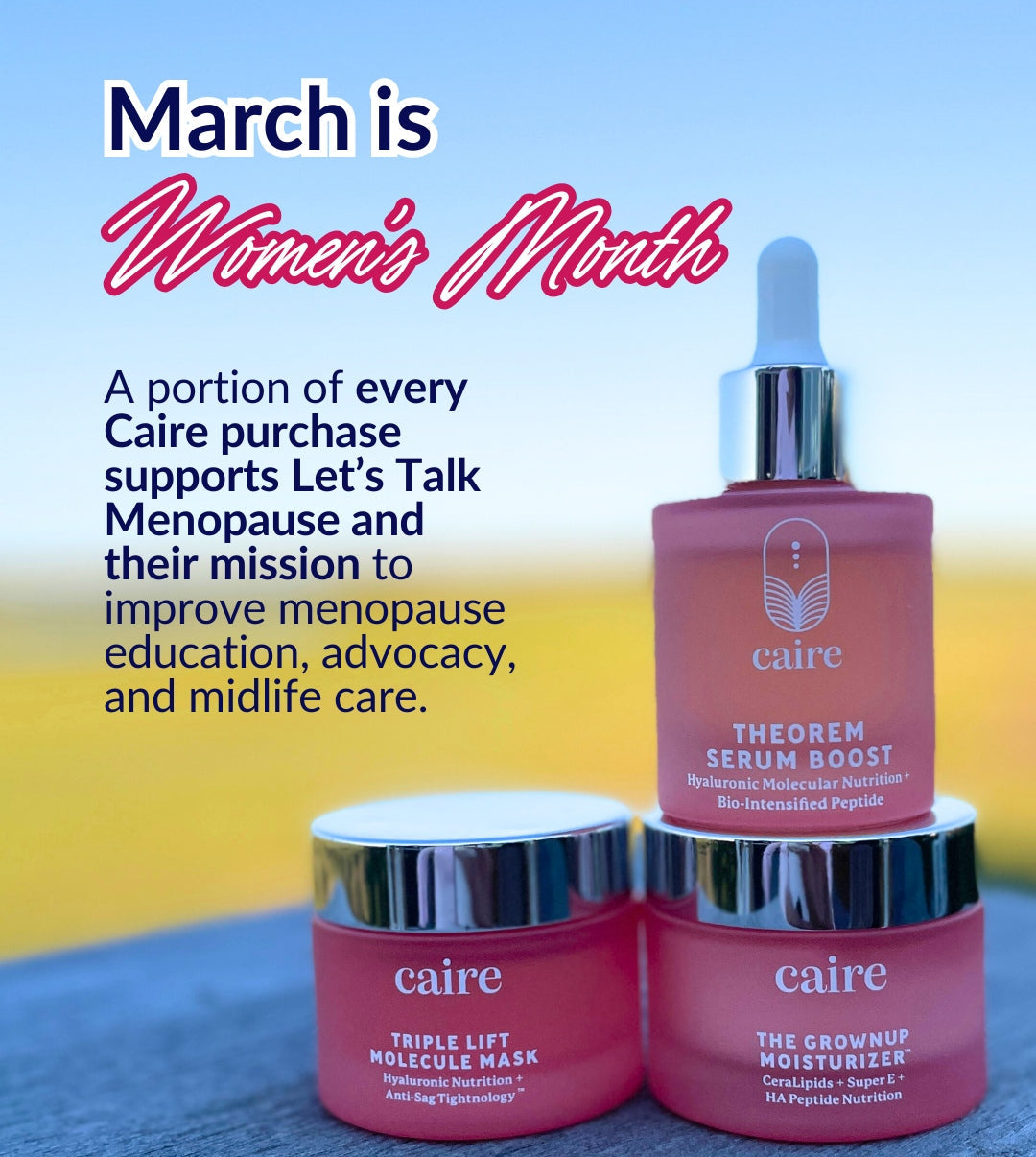 Caire skincare products with promotional text for Women's Month on a blue and yellow gradient background.