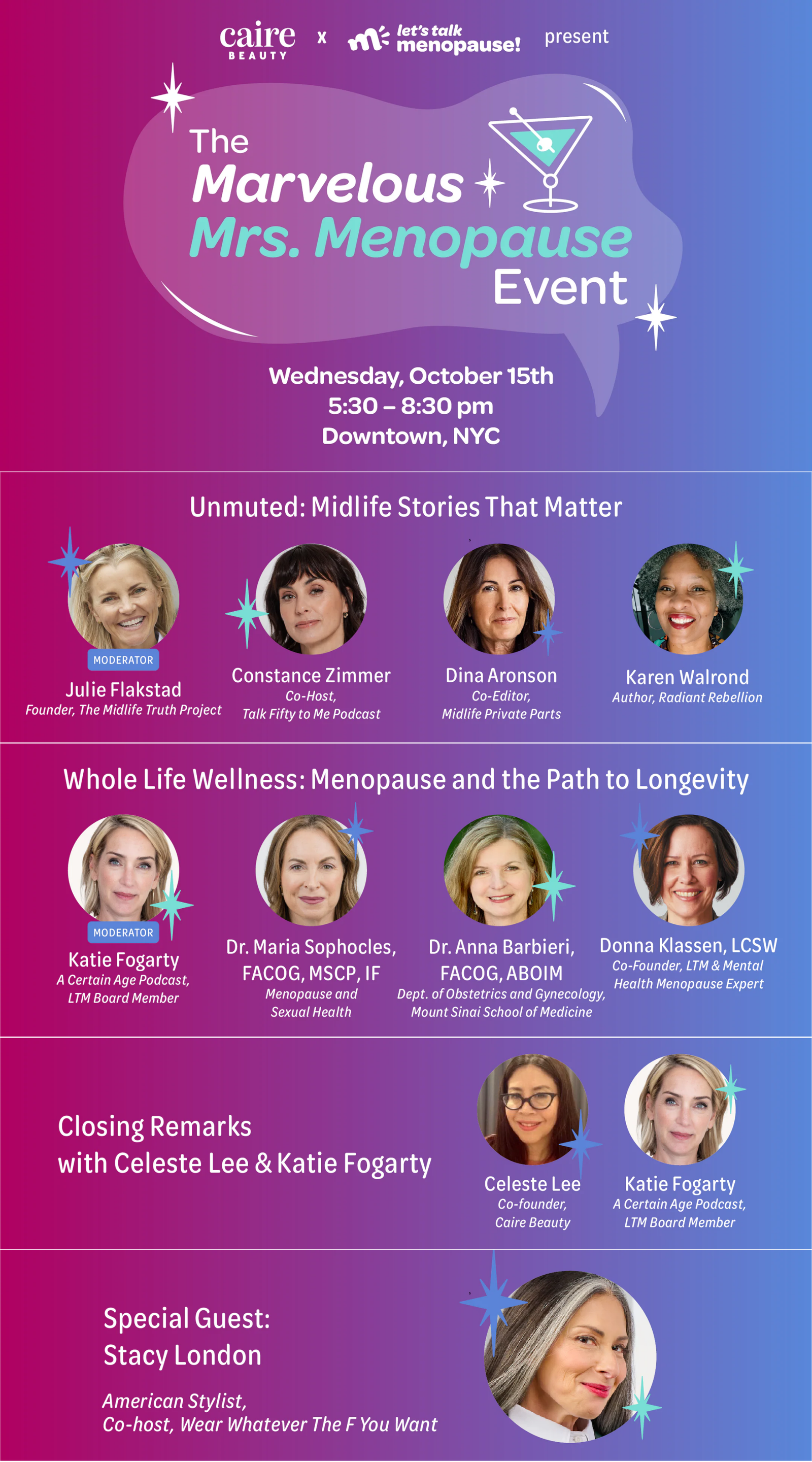 Promotional banner for 'The Marvelous Mrs. Menopause Event' with speakers and event details.