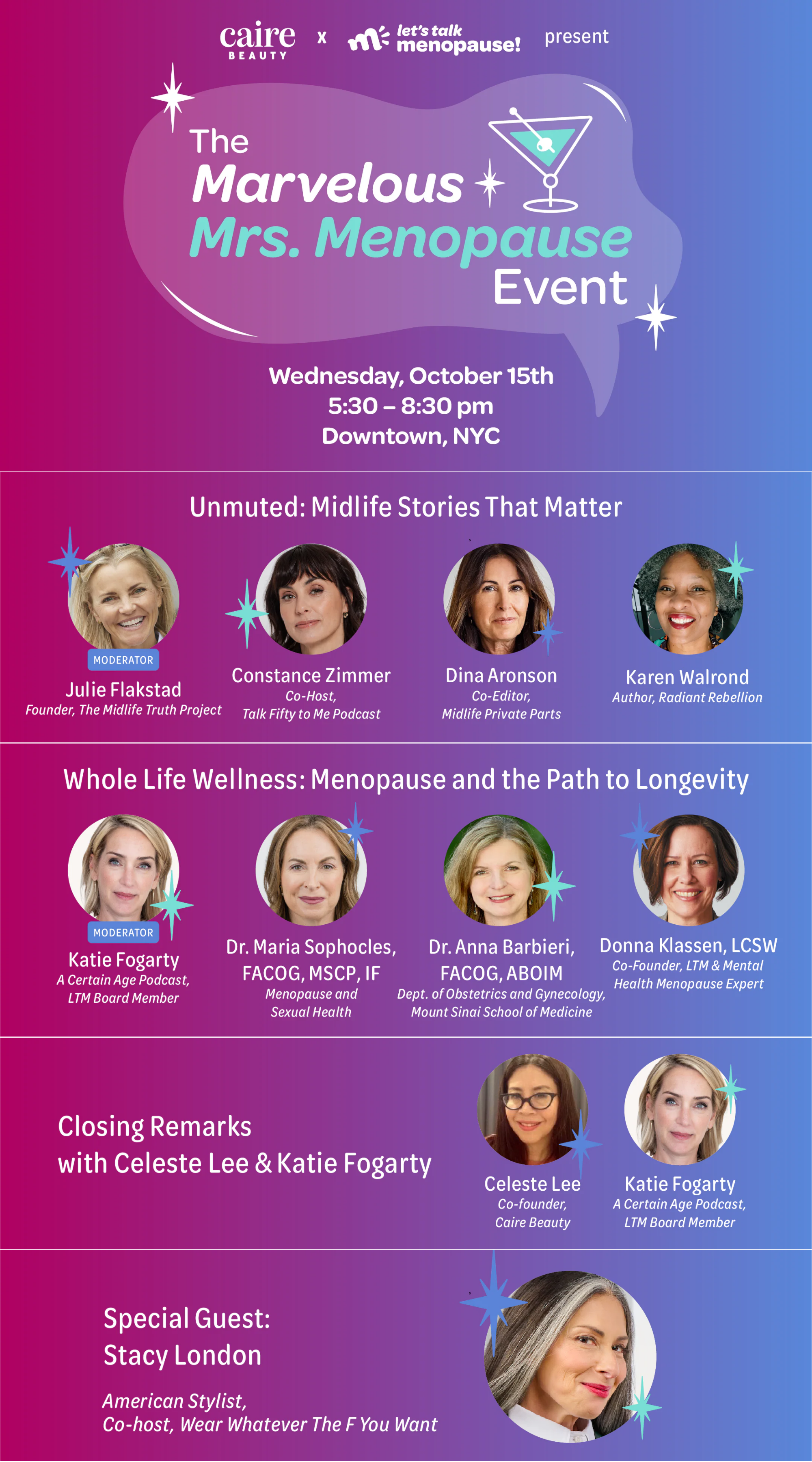 Promotional banner for 'The Marvelous Mrs. Menopause Event' with speakers and event details.