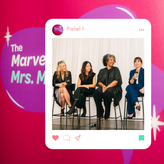 Four people sitting on stools in front of a pink and purple background with The Marvelous Menopause
