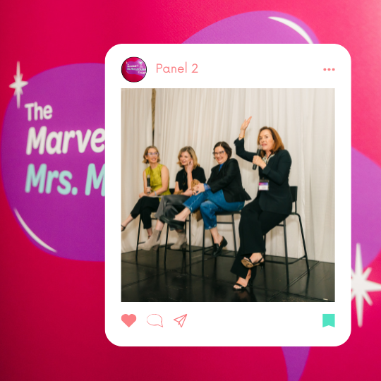 Panel discussion with four women on a stage, featuring The Marvelous Mrs. Menopause branding.