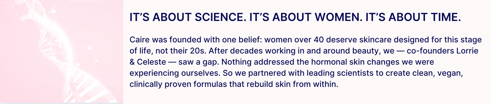 Website sub header Its About Science Its About Women Its About Time with caire photo DNA